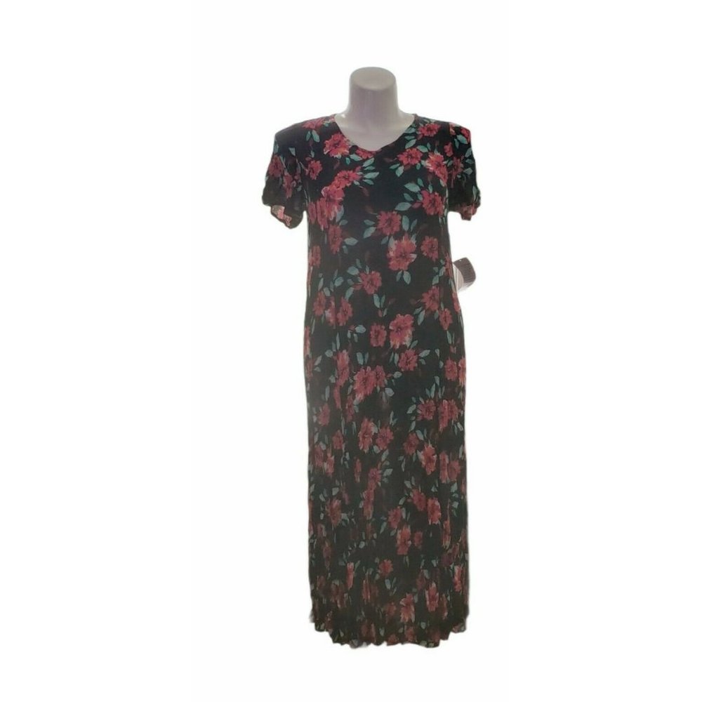 Roaman's Soft Crinkled Rayon Maxi Dress  12W Black and Floral New